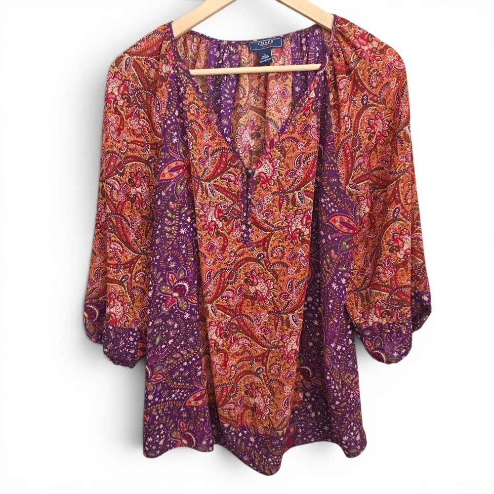 Chaps Top Womens Large Purple Orange Paisley Print Sheer Peasant Blouse Casual